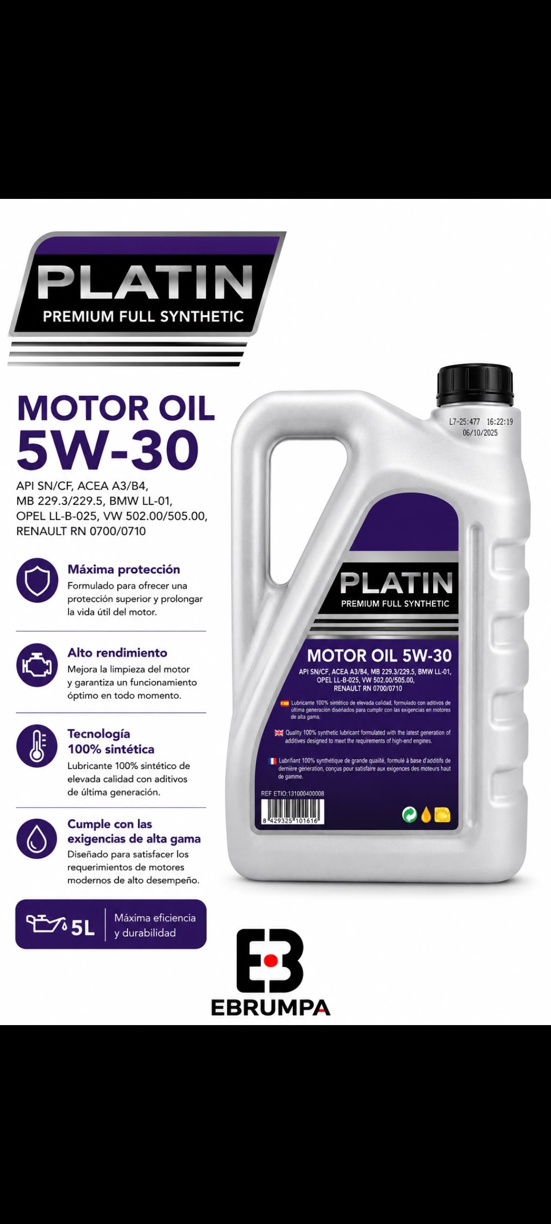 Aceite para Motor Platin Premium Full Synthetic 5W-30 – 5 L