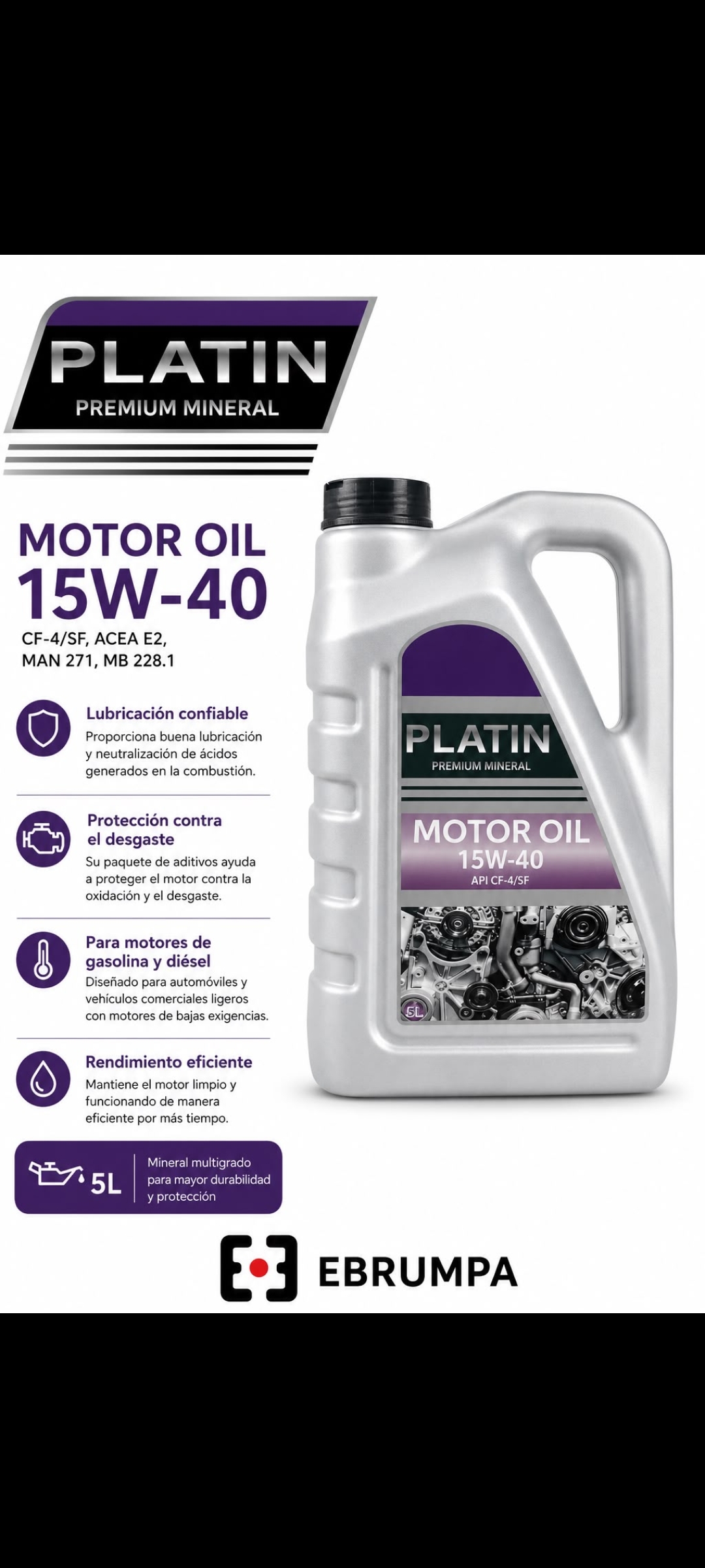 Aceite para Motor Platin Premium Mineral 15W-40 – 5 L