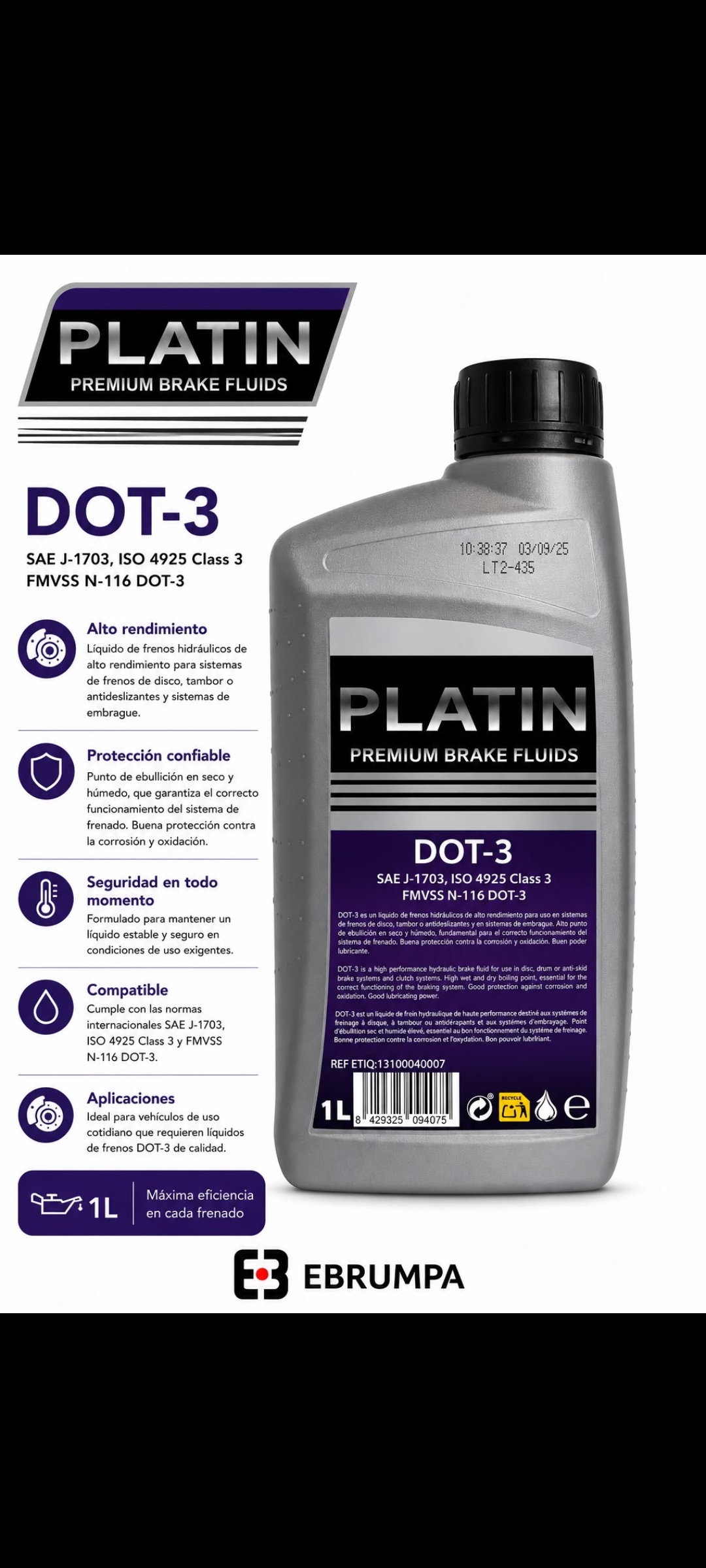Líquido de Frenos Platin Premium Brake Fluids DOT-3 – 1 L