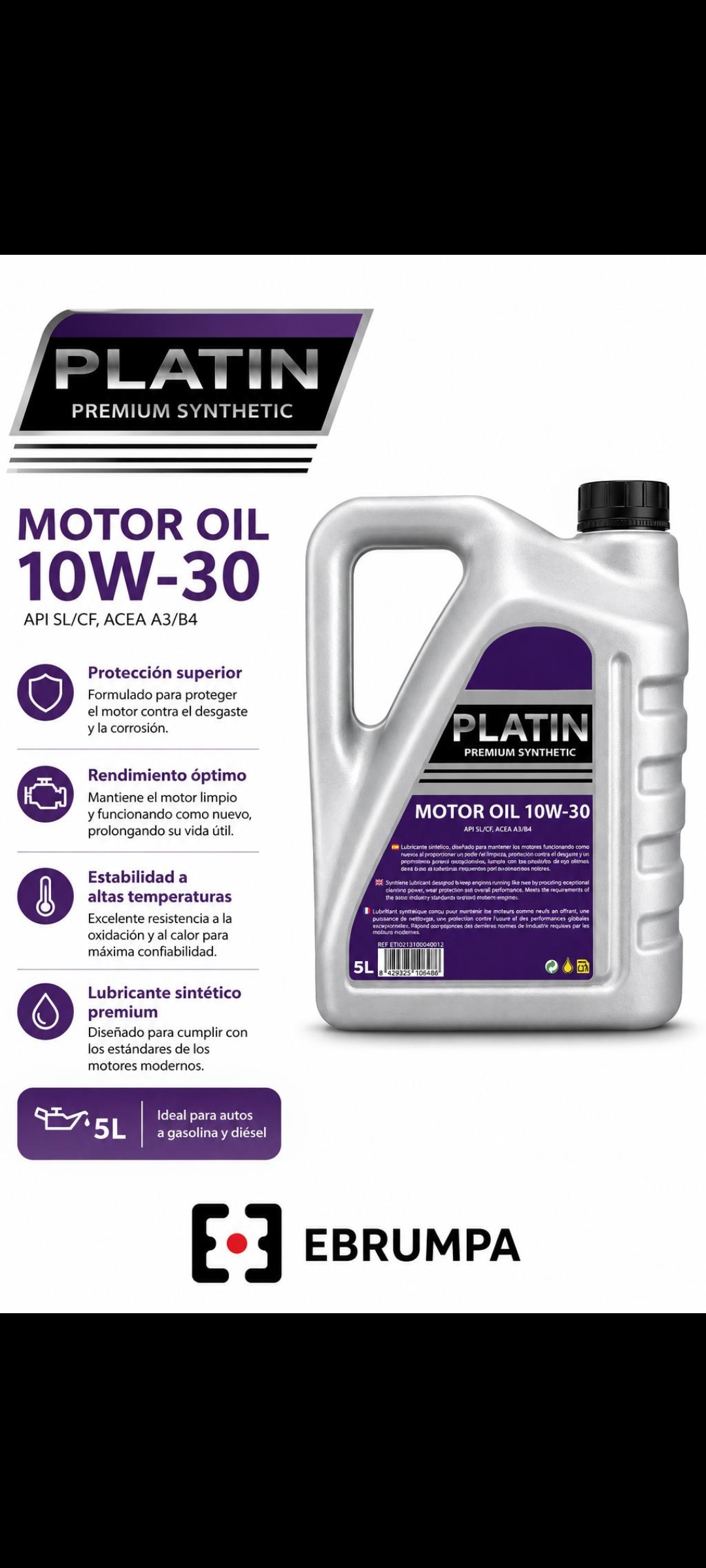 PLATIN Motor Oil 10W-30 Premium Synthetic – 5 Litros