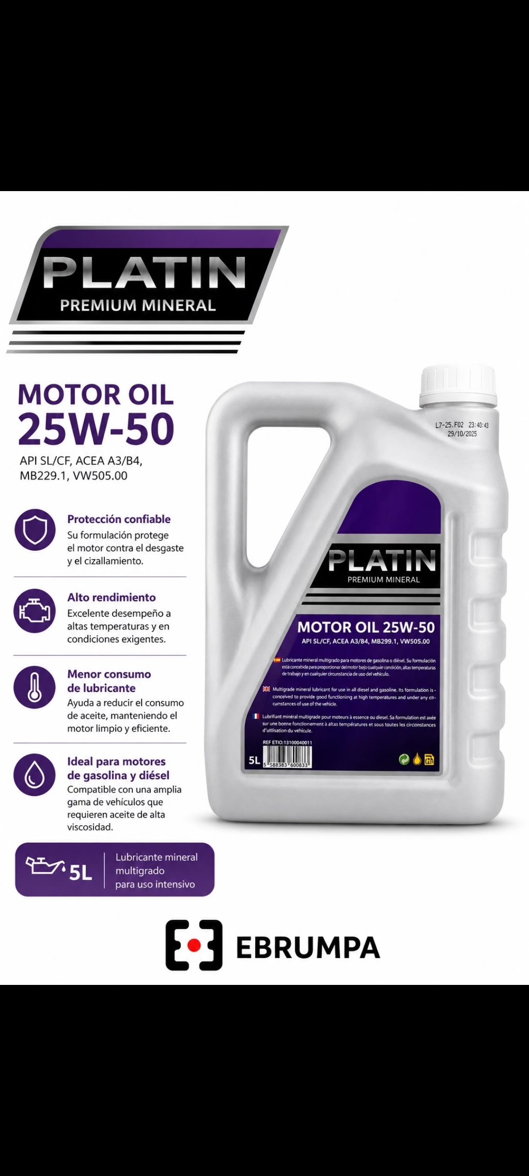 Aceite para Motor Platin Premium Mineral 25W-50 – 5 L